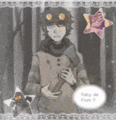 a drawing of a boy holding an axe with the words toby de fran written in the corner