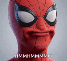 a close up of a spider man 's face with the words " hmmhmmmmmm " written below it