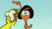 a cartoon character holding a sandwich next to a cartoon character