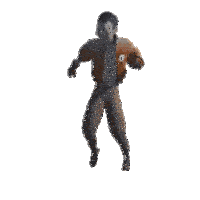 a man in a brown jacket is dancing with his arm outstretched