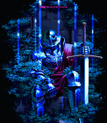 a pixel art of a knight holding a sword with the words rwabueloretrowave below him