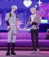 a couple of anime characters are standing next to each other in a room holding hands .