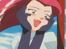 a girl with pink hair and black gloves making a face