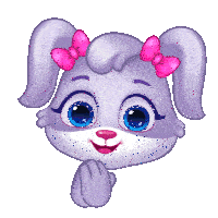 a cartoon illustration of a purple rabbit with pink bows on her ears
