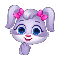 a cartoon illustration of a purple rabbit with pink bows on her ears