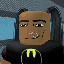 a cartoon character with pigtails is wearing a black shirt with a batman logo on it