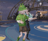 a cartoon character is wearing a green frog sweatshirt