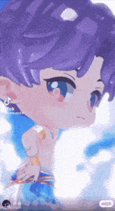a cartoon character with purple hair and blue eyes is standing in front of a cloudy sky .