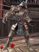 a knight in armor is holding a red flower