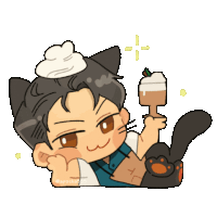 a cartoon drawing of a boy with cat ears holding a cup of coffee