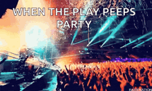 a crowd of people are dancing at a concert with the words `` when the play peeps party '' written above them .