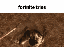 a video game character is laying on the ground with the words " fortnite trios " above him