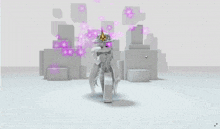 a girl in a unicorn costume is standing in front of a wall of white cubes
