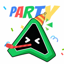 a green triangle with a party hat on it