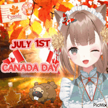 a picture of a girl with a beaver and the words july 1st canada day on it