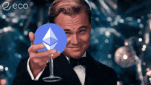 a man in a tuxedo is holding a glass with an ethereum symbol in front of him
