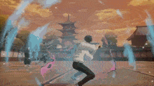 a person in a white shirt and black pants is standing in front of a building in a video game .