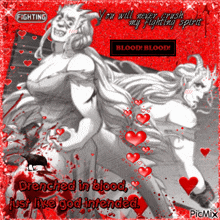 a picture of two demons with the words " you will never crush my fighting spirit blood blood "