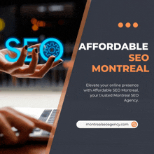 an ad for a montreal seo agency shows a person typing on a laptop