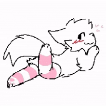 a drawing of a white cat laying down with pink and white striped socks on .