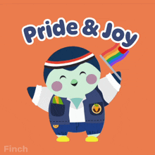 an illustration of a penguin holding a rainbow flag with the words pride & joy below it