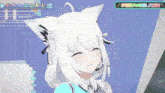 a white anime girl with a microphone in her ears is smiling .