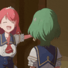two anime girls are standing next to each other and laughing