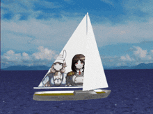 two anime girls are on a sailboat in the ocean with mountains in the background