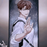 a man in a white shirt is making a stop sign with his hand