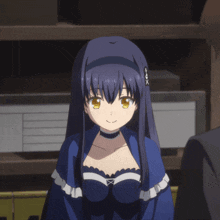 a girl with long blue hair and yellow eyes is wearing a choker with the letter x on it