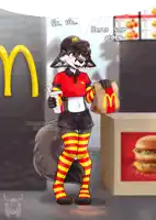 a furry character is standing in front of a mcdonald 's counter