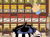 a cartoon drawing of a hand pointing at a shelf with boxes on it