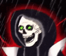 a grim reaper with green eyes and a black hood is smiling in the rain .