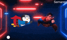 a superman and a penguin are flying in a room