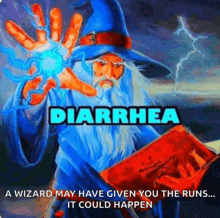 a picture of a wizard holding a book that says diarrhea on it