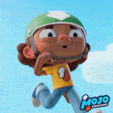 a cartoon character wearing a green helmet and a yellow shirt with an arrow on it is running in a mojo swoptops ad