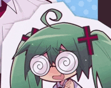 a cartoon girl with glasses and a cross on her head has a swirl in her eye