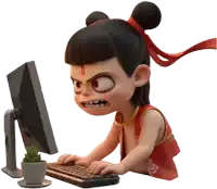 a cartoon character is typing on a keyboard in front of a computer