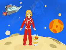 a cartoon drawing of a boy and a chicken with a rocket in the background