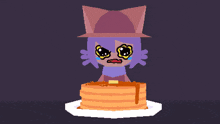 a cartoon of a cat with a purple hat is being destroyed by a purple object