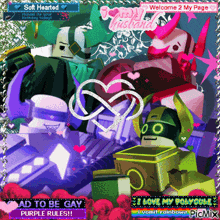 a picture of a couple of robots with the words ad to be gay purple rules and i love my polycule