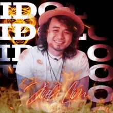 a man in a straw hat is smiling in front of a tiger and the words " do n't id it "