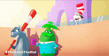 a poster for the cat in the hat shows a cat holding a bat and a green monster holding a cup