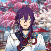 a man with long purple hair and a choker around his neck