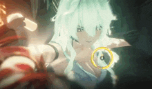 a woman with white hair is holding a sword and a ring in her hand .