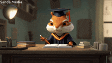a squirrel wearing a graduation cap and gown is sitting at a desk