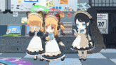 a girl in a maid outfit is standing in front of a sign that says 70