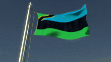 a blue and green flag is flying in the wind
