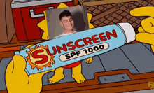 a cartoon character is holding a tube of sunscreen