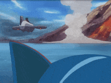 a cartoon of a volcano erupting into the water
